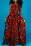 Rode vintage elegante print patchwork asymmetrische kraag A-lijn jurken