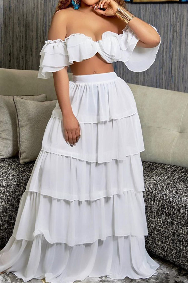 

White Sexy Solid Split Joint Flounce Off the Shoulder Short Sleeve Two Pieces