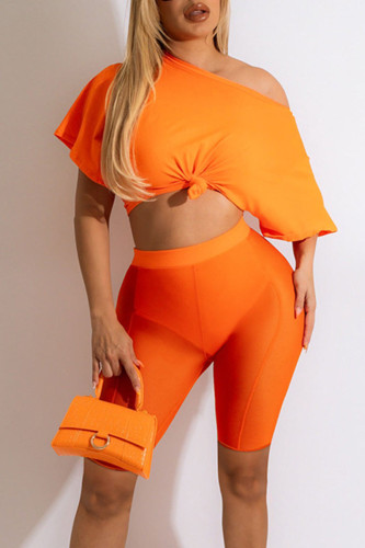 Tangerine Red Sexy Solid Patchwork O Neck Short Sleeve Two Pieces