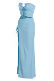 Sky Blue Sexy Solid Hollowed Out Draw String Frenulum Backless Slit Strapless Sleeveless Dress