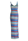 カラフルなブルーのセクシーなプリントくり抜きパッチワーク スリット スパゲッティ ストラップ スリング ドレス ドレス