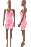Pink Casual Sportswear Solid Patchwork U Neck Regular Rompers