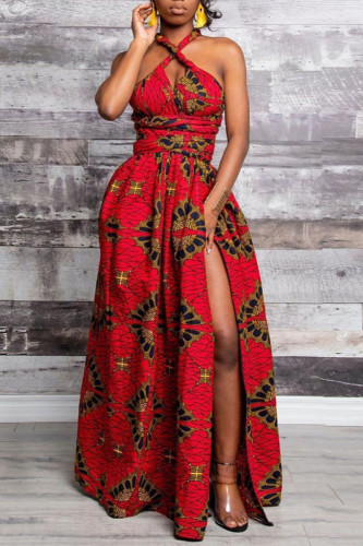 Red Vintage Elegant Print Patchwork Asymmetrical Collar A Line Dresses