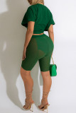 Green Sexy Solid Patchwork O Neck Short Sleeve Two Pieces