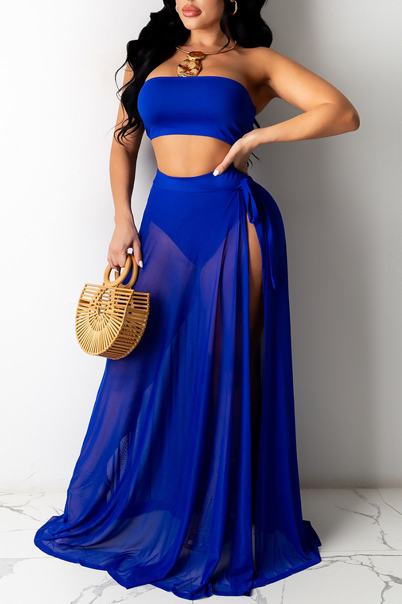 

Blue Sexy Solid Split Joint Slit Strapless Sleeveless Three Pieces