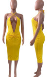 Yellow Sexy Solid Hollowed Out Patchwork Halter One Step Skirt Dresses