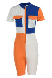 Combi-short skinny basique à col zippé et à la mode décontracté bleu orange