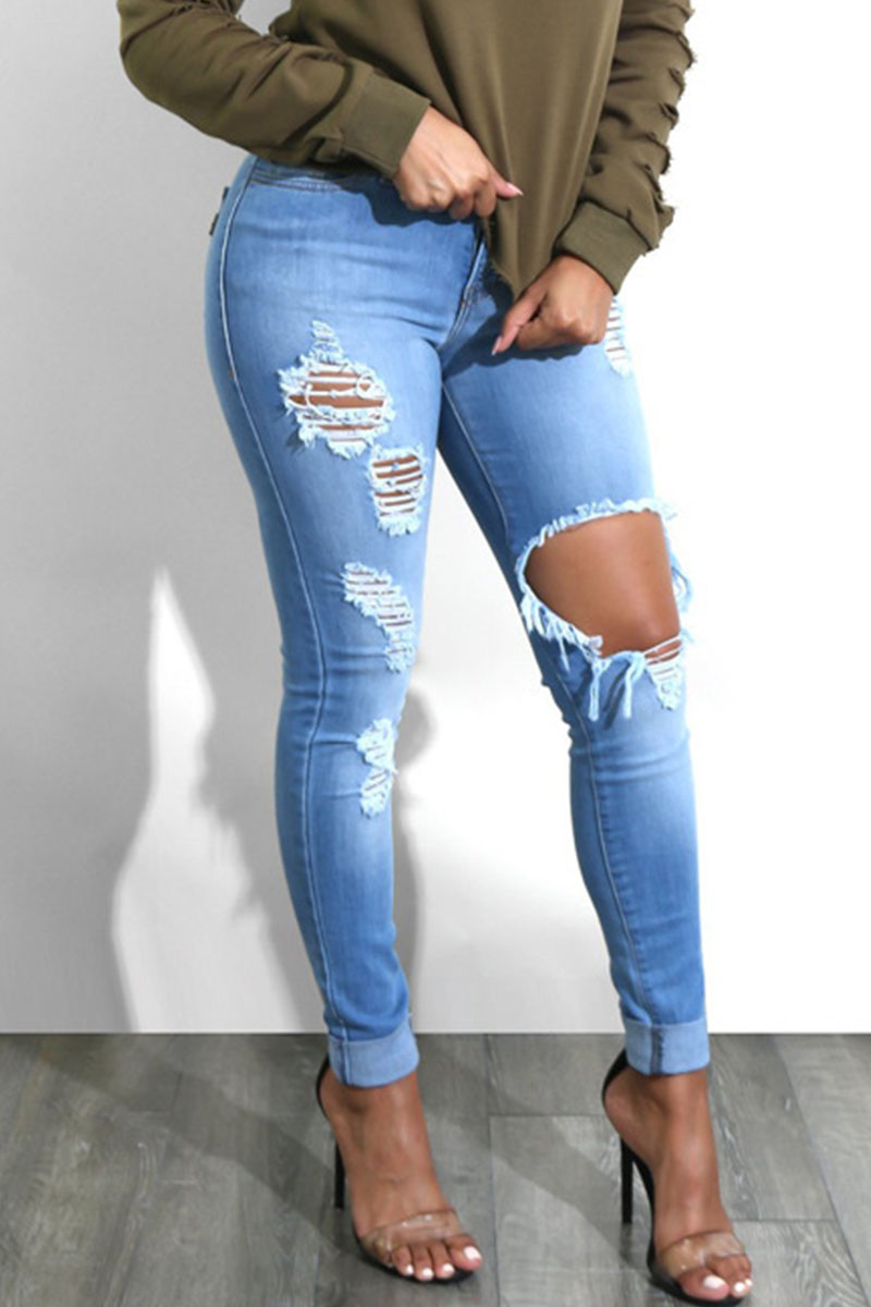 

Light Blue Fashion Casual Solid Ripped High Waist Skinny Denim Jeans