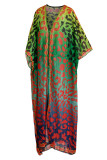 Robe longue ample vert fluo à la mode sexy avec fente et col en V
