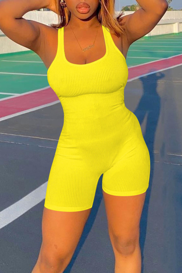 Macacão regular amarelo casual com decote em U de retalhos sólidos do Sportswear