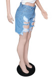 Pantaloncini di jeans taglie forti tinta unita convenzionali a vita media regolari patchwork strappati solidi alla moda casual blu baby