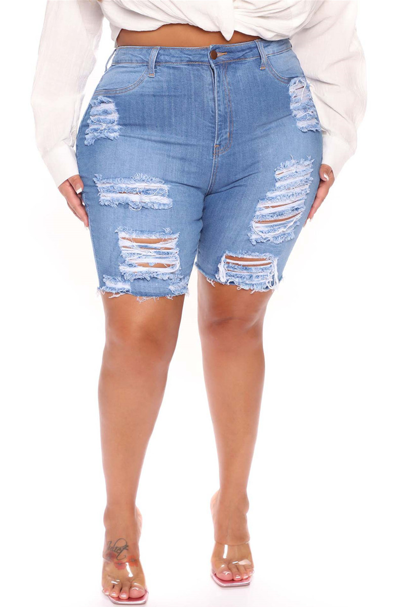 

Light Blue Fashion Casual Solid Ripped Regular High Waist Conventional Solid Color Plus Size Denim Shorts