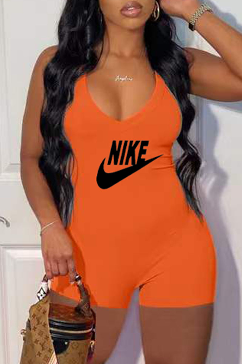 

Orange Fashion Casual Print Letter V Neck Jumpsuits