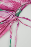 Roze sexy print uitgeholde patchwork frenulum spaghettibandjes rokjurken met één stap