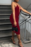 Burgundy Sexy Solid Hollowed Out Patchwork Halter One Step Skirt Dresses