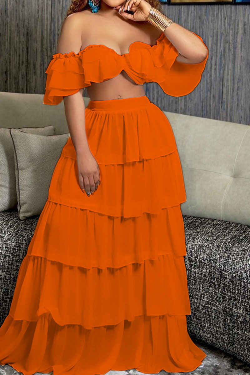 

Tangerine Sexy Solid Split Joint Flounce Off the Shoulder Short Sleeve Two Pieces