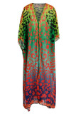 Fluoreszierendes grünes Mode-reizvolles Druck-Schlitz-V-Ausschnitt-loses langes Kleid
