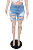 Babyblått Mode Casual Söt Solid Ripped Patchwork Vanlig midja Konventionell enfärgad jeansshorts i plusstorlek