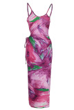 Розовые сексуальные принты с выдолбленными лоскутными уздечками на тонких бретельках, одношаговые платья-юбки
