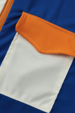 Macacão skinny azul laranja moda casual patchwork básico com zíper gola