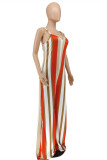 Red Fashion Casual Striped Print Backless Spaghetti Strap Regular Jumpsuits