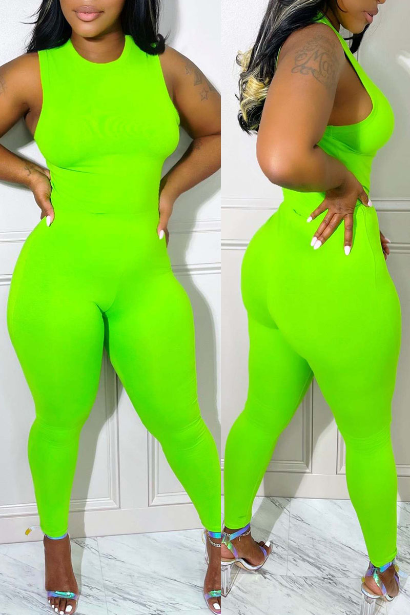 

Fluorescent Green Casual Solid Split Joint O Neck Sleeveless Two Pieces