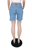 Baby Blue Fashion Casual Sweet Solid Ripped Patchwork Regular Mid Waist Conventional Solid Color Plus Size Denim Shorts