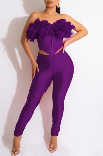 Purple Sexy Solid Hollowed Out Patchwork Feathers Strapless Sleeveless Two Pieces