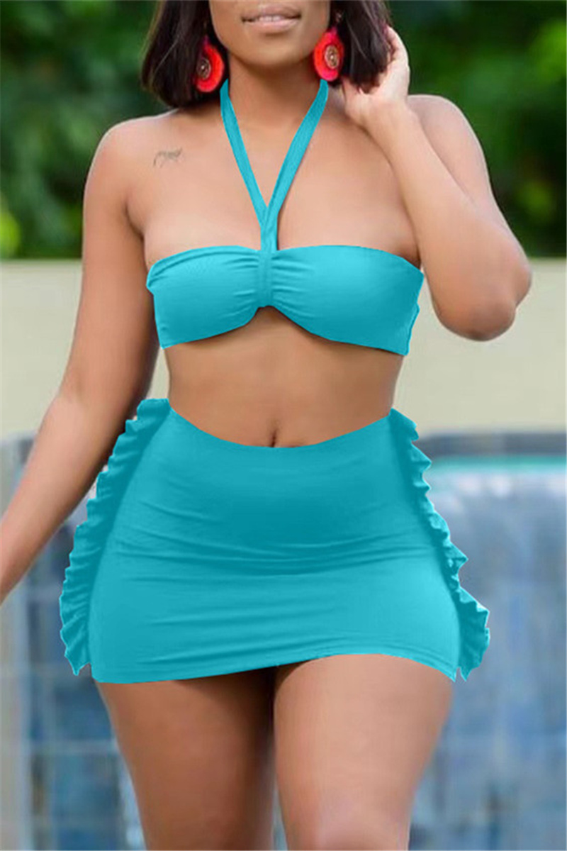 

Light Blue Fashion Sexy Solid Bandage Backless Strapless Sleeveless Two Pieces