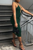 Ink Green Sexy Solid Hollowed Out Patchwork Halter One Step Skirt Dresses