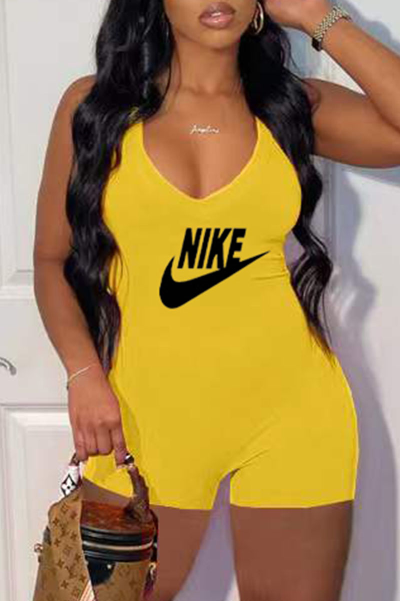 

Yellow Fashion Casual Print Letter V Neck Jumpsuits