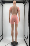 Pink Fashion Casual Solid Basic O Neck Skinny Romper