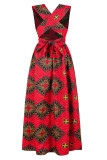 Vestidos de linha A com gola assimétrica vintage vermelho elegante estampado patchwork