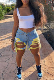 Blue Yellow Fashion Casual Sweet Solid Ripped Patchwork Regular Mid Waist Conventional Solid Color Plus Size Denim Shorts
