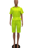 Fluorescent Green Simplicity Solid Patchwork Fold Hooded Collar Short Sleeve Two Pieces