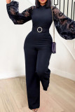 Black Elegant Solid Patchwork See-through O Neck Straight Jumpsuits(Contain The Belt)