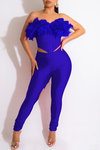 Royal Blue Sexy Solid Hollowed Out Patchwork Feathers Strapless Sleeveless Two Pieces