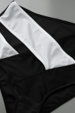 Trajes de banho preto e branco fashion sexy patchwork sólido vazado sem costas