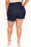 Pantalones cortos de mezclilla de talla grande de color sólido convencional de cintura alta rasgados sólidos informales de moda azul profundo