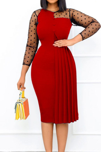 Red Casual Solid Split Joint Fold O Neck Straight Dresses
