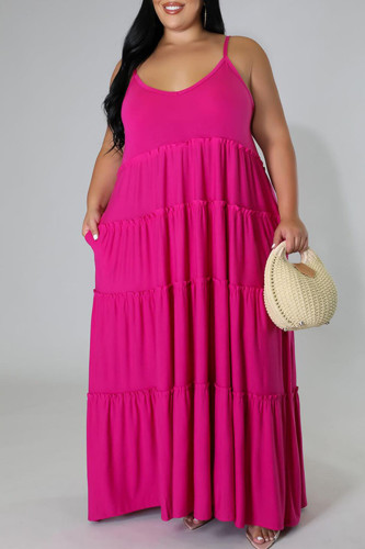 Rose Red Casual Solid Split Joint Spaghetti Strap Straight Plus Size Dresses