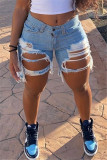 Baby Blue Fashion Casual Sweet Solid Ripped Patchwork Regular Mid Waist Conventional Solid Color Plus Size Denim Shorts