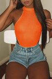 Tangerine Red Sexy Solid Patchwork O Neck Skinny Bodysuits