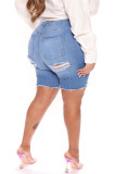 Pantalones cortos de mezclilla de talla grande de color sólido convencional de cintura alta rasgados sólidos informales de moda azul claro