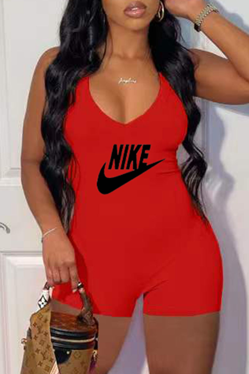 

Red Fashion Casual Print Letter V Neck Jumpsuits