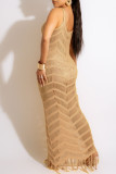 Khaki Sexy Solid Tassel Hollowed Out Split Joint Swimwears Cover Up