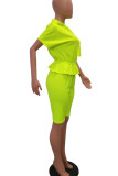 Fluorescent Green Simplicity Solid Patchwork Fold Hooded Collar Short Sleeve Two Pieces