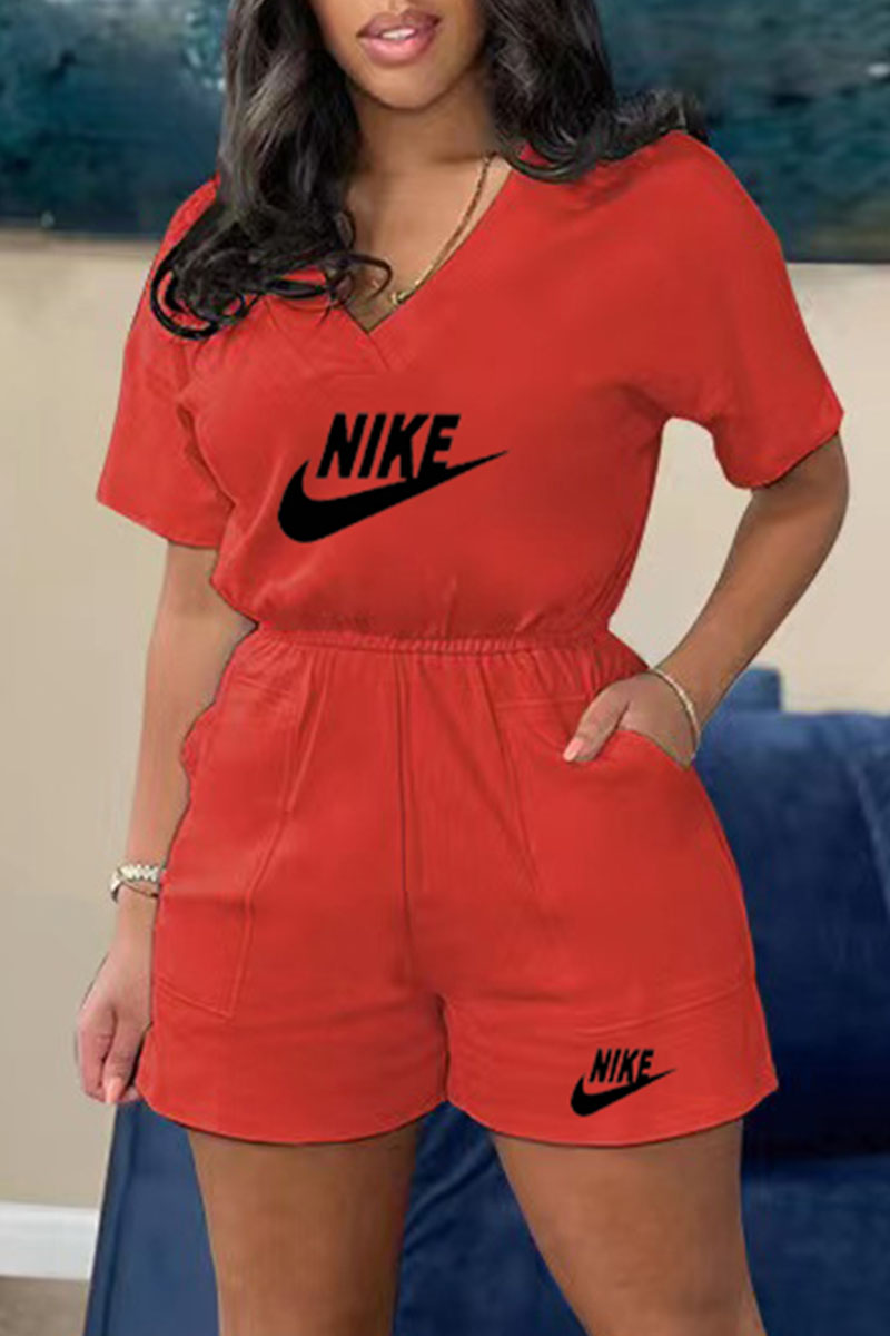 

Red Fashion Casual Print Letter V Neck Jumpsuits