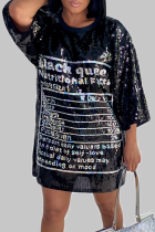 Black Casual Print Sequins O Neck Straight Dresses