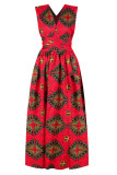 Rojo Vintage Elegante Estampado Patchwork Cuello Asimétrico Una Línea Vestidos